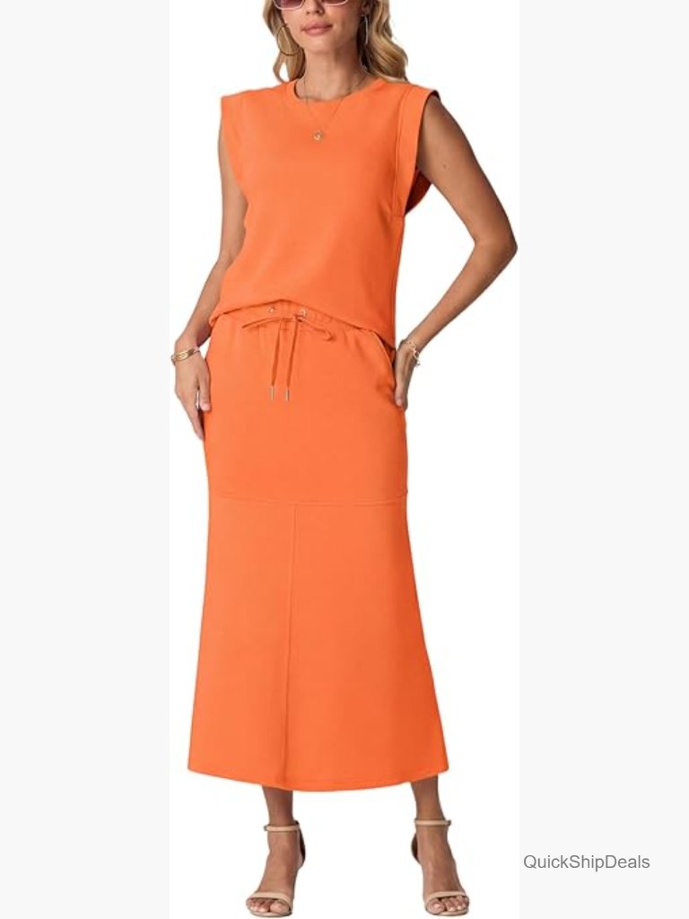Women 2-Piece Summer Set: Cap Sleeve Top And Midi Fishtail Skirt With Pockets,
